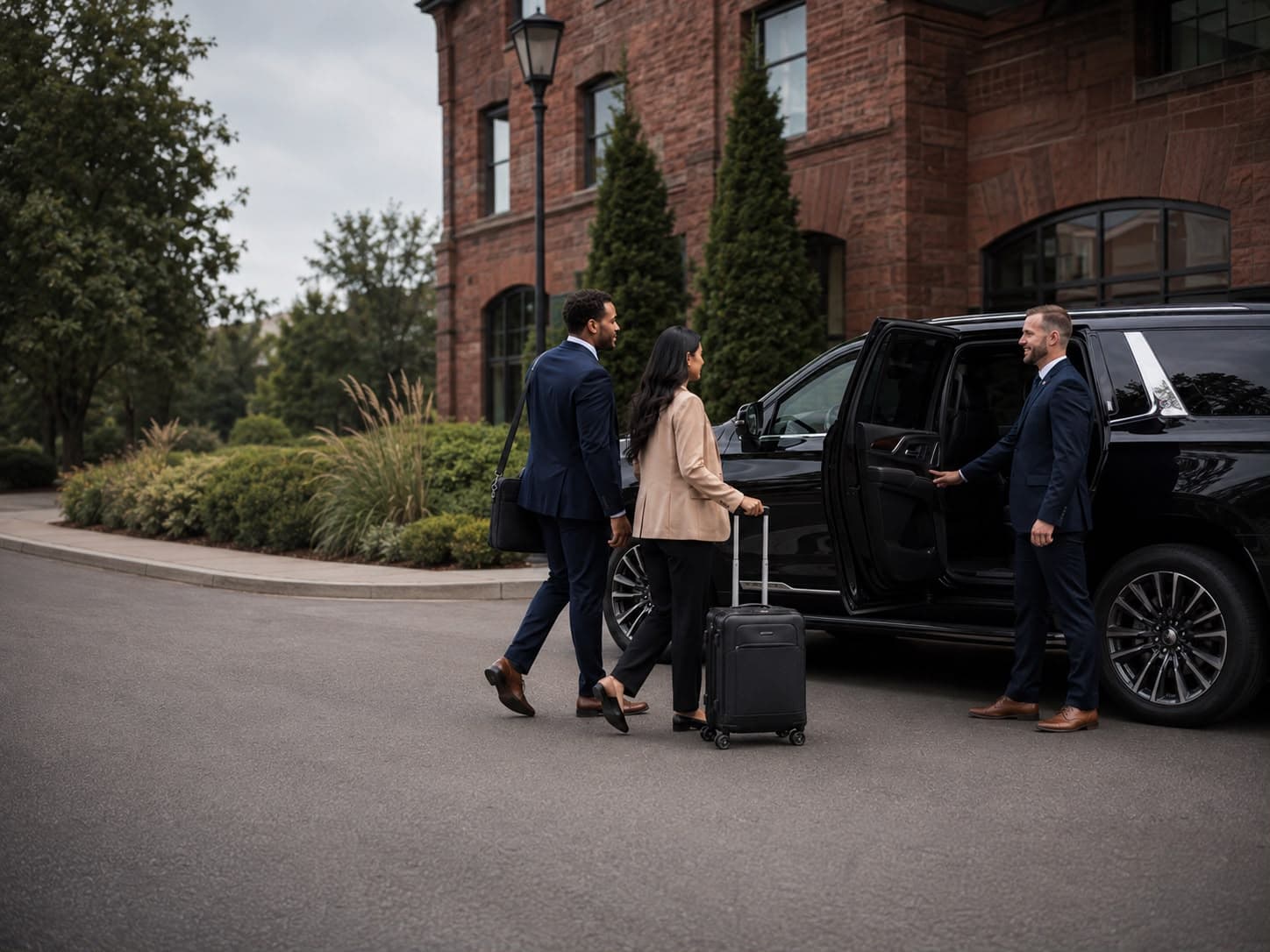 Executive transportation arriving at a hotel entrance