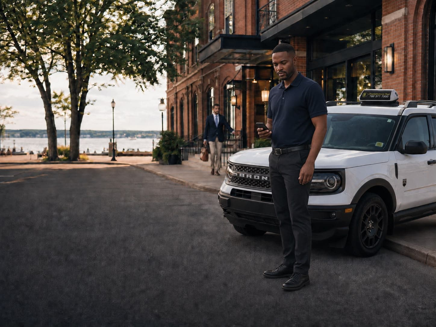 Charlottetown Taxi driver beside a vehicle outside a waterfront hotel
