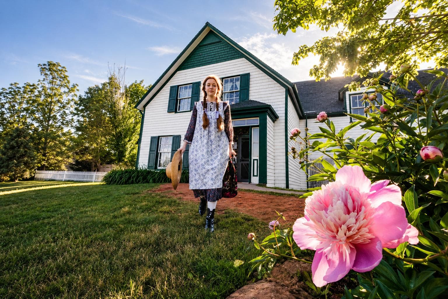 Green Gables farmhouse, Anne and pink flowers on Prince Edward Island