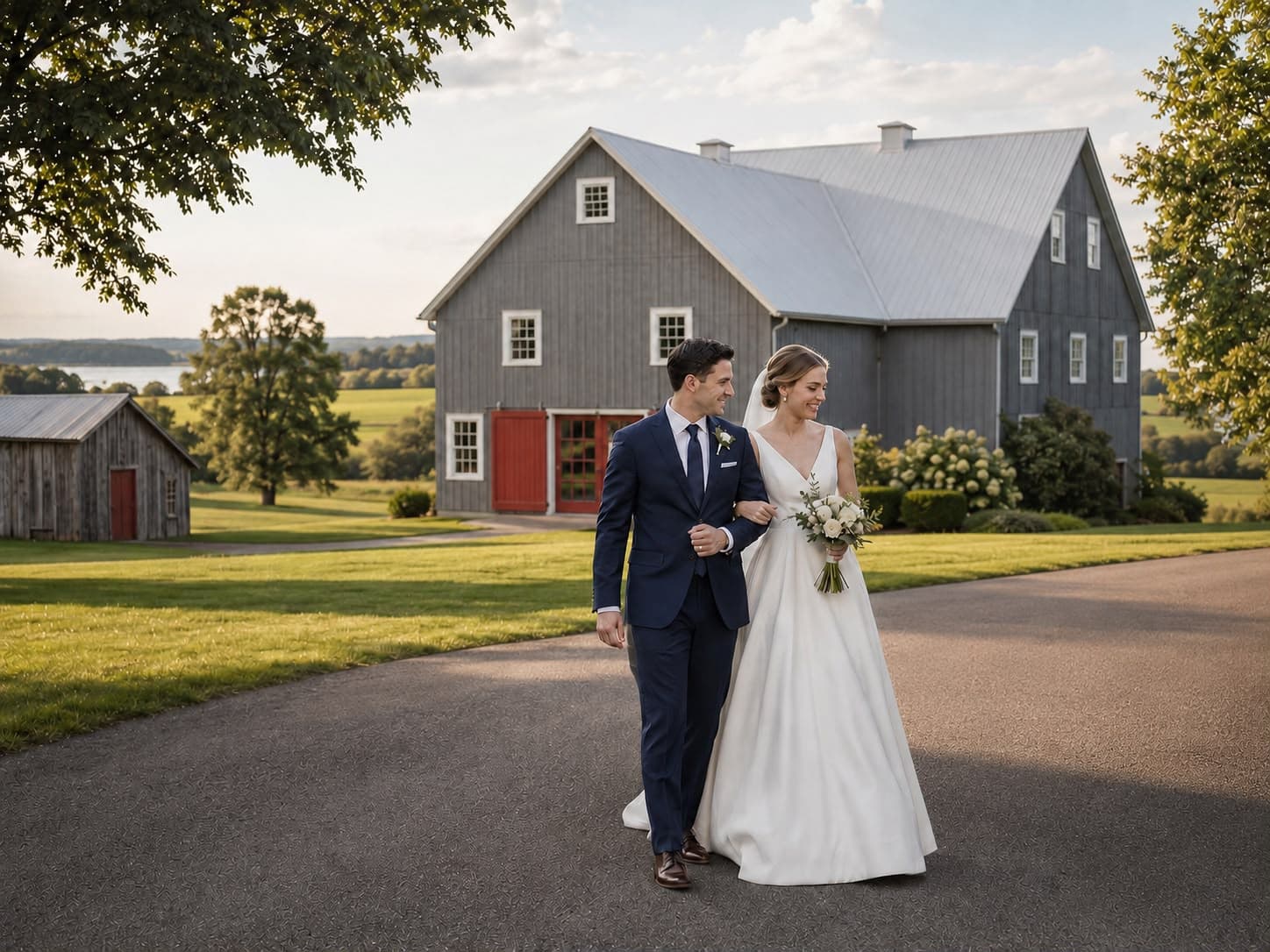 A bride and groom outside a Prince Edward Island wedding venue